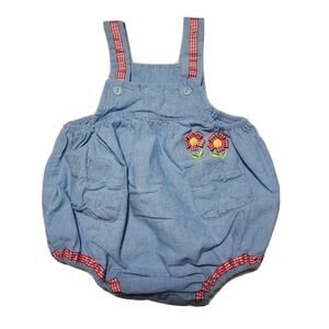 Vintage 1990s Baby Girls Floral Bubble Romper 18m 18 Months Blue Red Striped